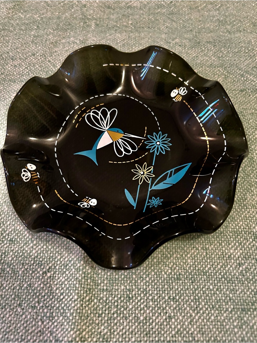 Vintage scalloped smoke glass bowl with bluebird and bee pattern 7” diameter